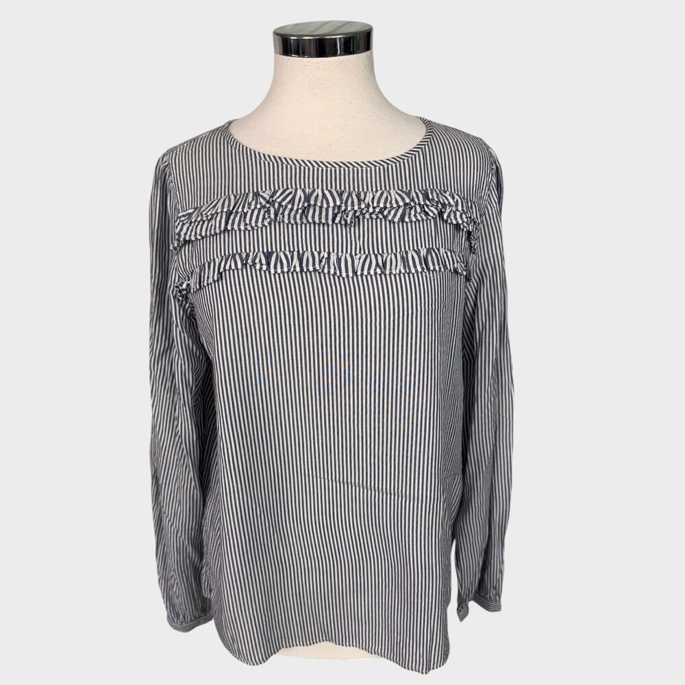 LOFT Womens Medium Long Sleeve Blue Striped Top 100% Modal Ruffles